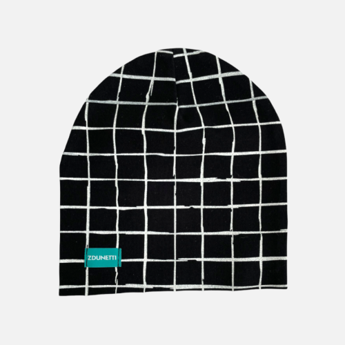 CZ123 Czapka dresowa dziecięca z dresówki smerfetka beanie kratka krata czarna black and white.PNG