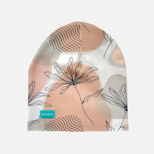 CZ139 Czapka dresowa dziecięca z dresówki smerfetka beanie kubizm kwiaty szara beżowa.PNG