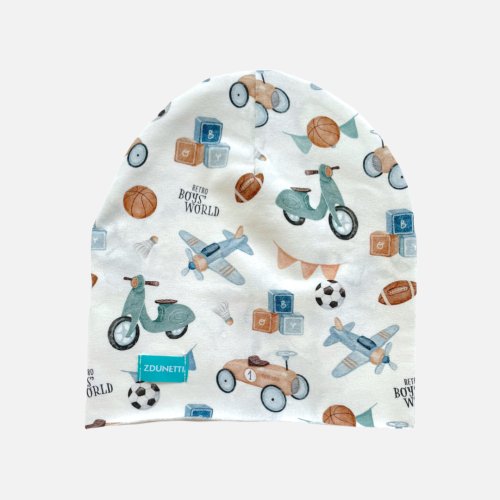 CZ141 Czapka dresowa dziecięca z dresówki smerfetka beanie zabawki samochody retro chłopięcy świat.PNG