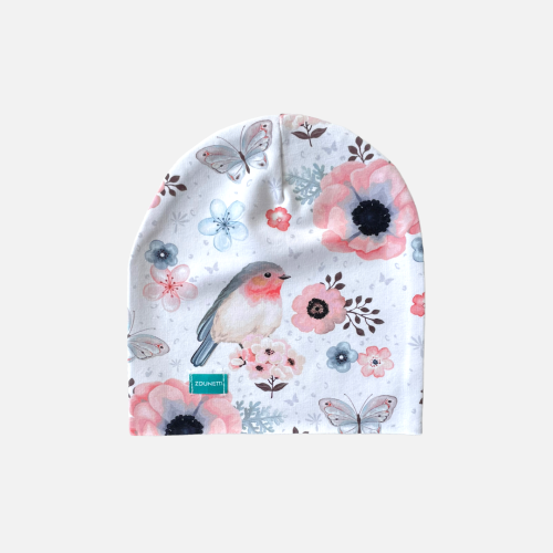 CZ118 Czapka dresowa dla niemowląt lekka miękka czapeczka kwiatki ptaszki wyprawka niemowlak.PNG