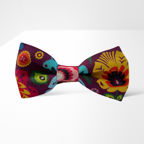 MM171 Muszka mucha męska damska kolorowa gotowa kwiaty łowickie kwiatki folk folkowa fioletowa.PNG