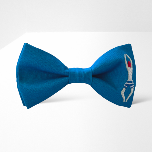 MH014 Muszka mucha męska damska gotowa z haftem haftowana unikatowa oryginalna pływak niebieska.PNG