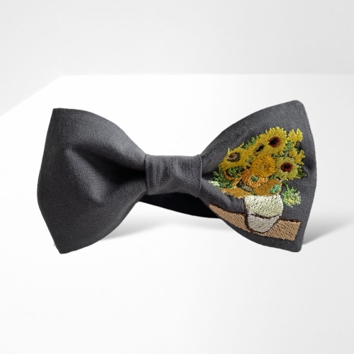 MH002 Muszka mucha męska damska gotowa z haftem haftowana unikatowa oryginalna słoneczniki van gogh szara grafitowa.JPG