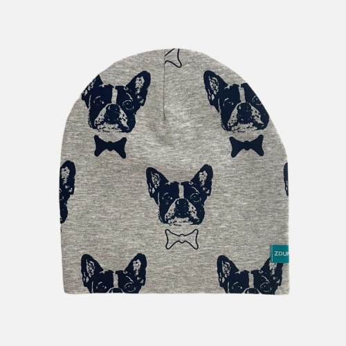 CZ029 Czapka dresowa dziecięca z dresówki smerfetka beanie buldogi pieski szara.JPG