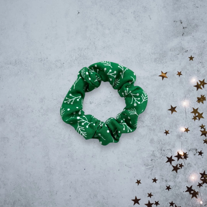 GD074 Gumka frotka scrunchy scrunchie mini świąteczne motywy gałązki zielona.JPG