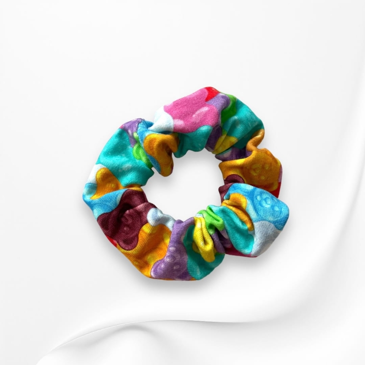 GS029 Gumka frotka scrunchie średnia ŻELKI MISIE KOLOROWA.JPG