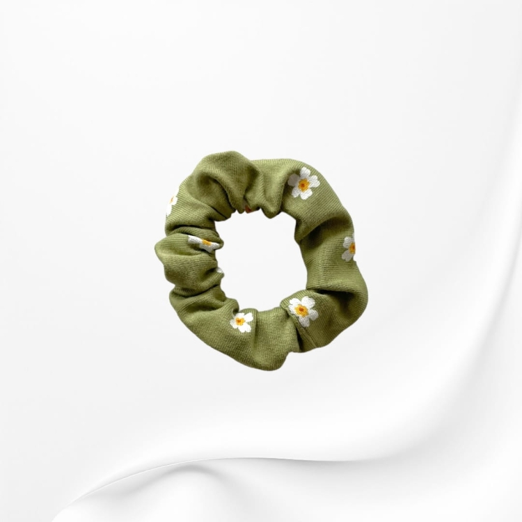 GD092 Gumka frotka scrunchy scrunchie mini kwiaty zielona.JPG